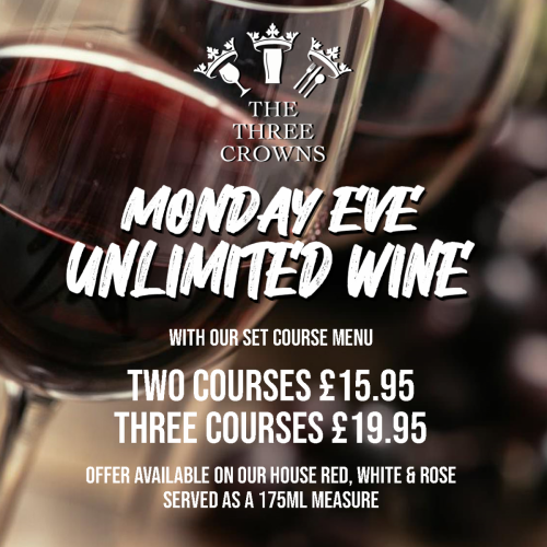 Unlimited wine every Monday evening from 6pm when ordering from our set course menu. Offer available until 9:30pm, servings of 175ml house wine only.